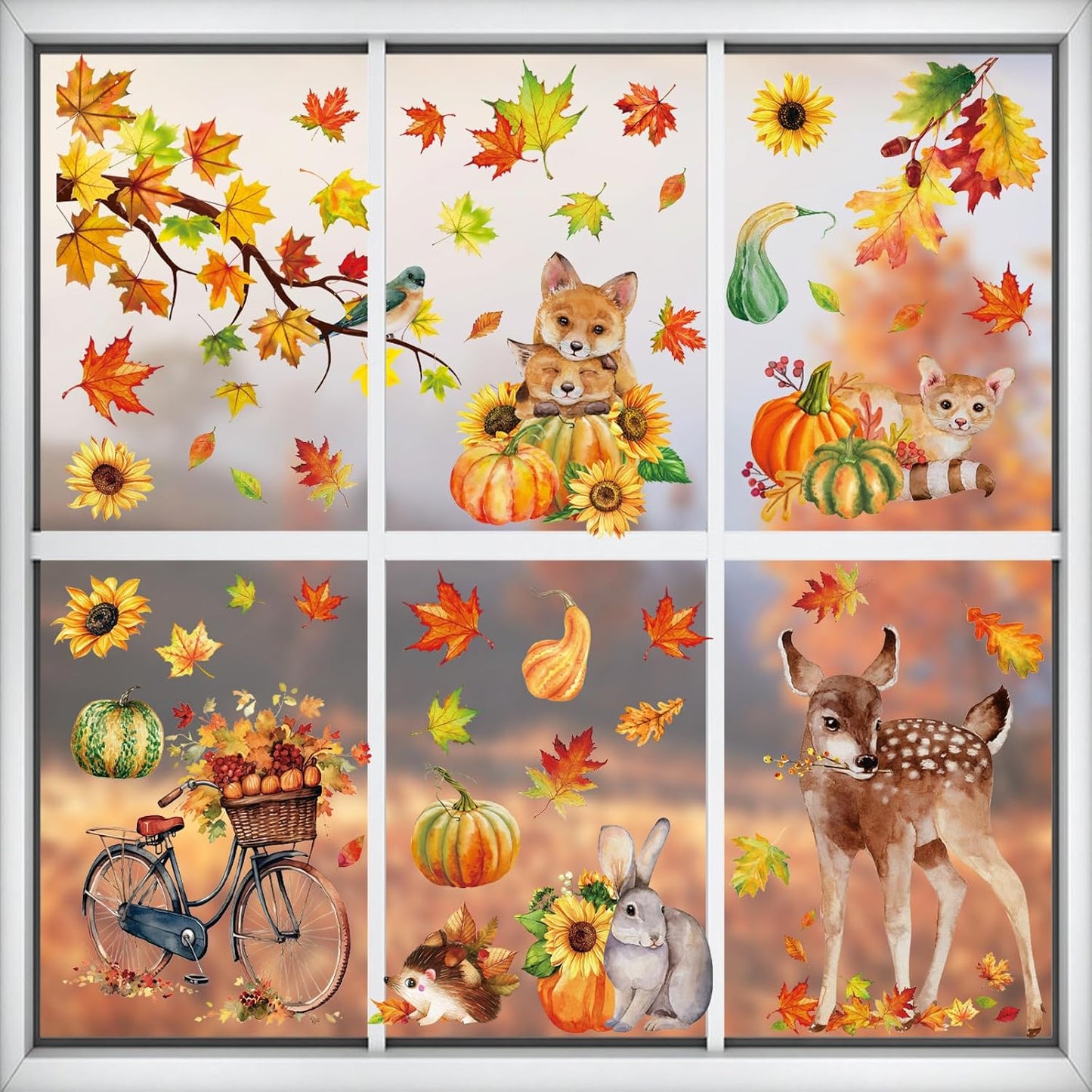 Fall Woodland Animals Window Clings, 9 Sheets 68 Pcs | Autumn Window Stickers Squirrel Fox Rabbit Decals for Fall Harvest Home Party Window Decorations