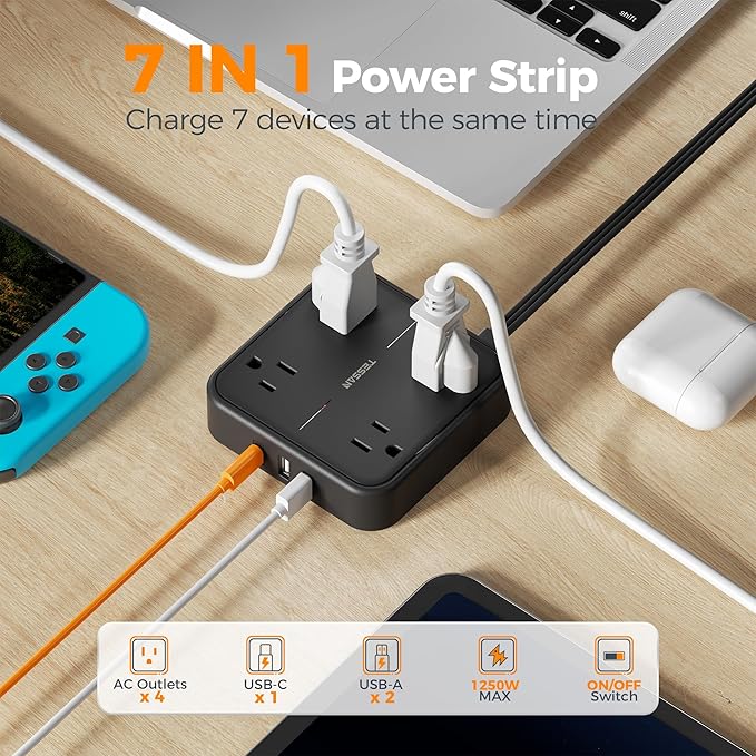 Surge Protector Flat Extension Cord 5FT, TESSAN Flat Plug Power Strip - Image 4