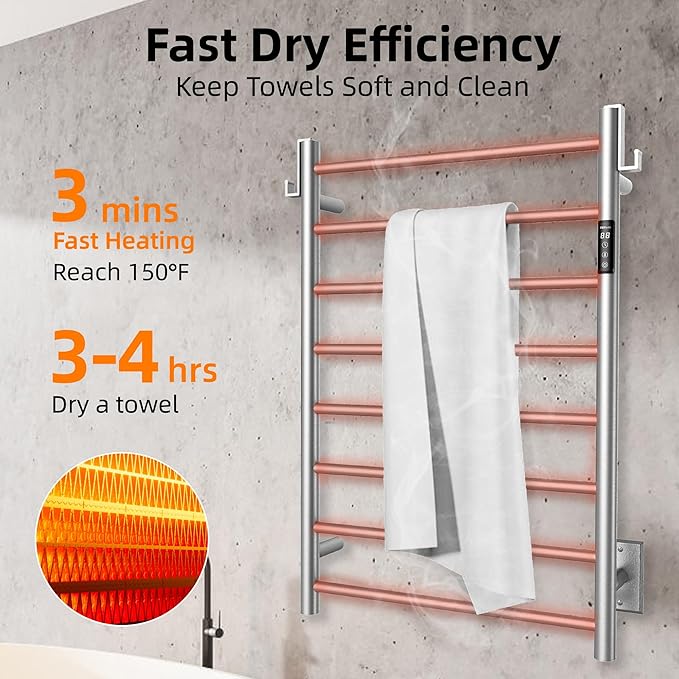 P&Bhusri Heated Towel Rack for Bathroom, Wall Mounted Electric Towel Rack - Image 2