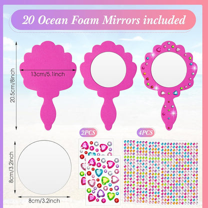 Geetery 20 Pcs Unbreakable Kids Mirror DIY Decorate Your Own Princess Mirror Mermaid Foam Small Crafts Princess Party Decorations(Pink)