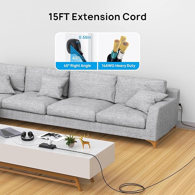 TROND Surge Protector Power Strip, Flat Plug 15ft Long Extension Cord, 7 - Image 2