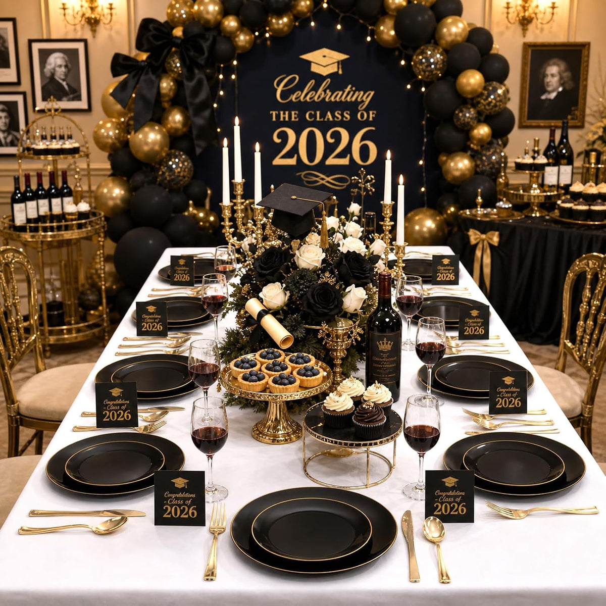 YOUBET 125PCS Black Plastic Plates with Gold Rim for Halloween