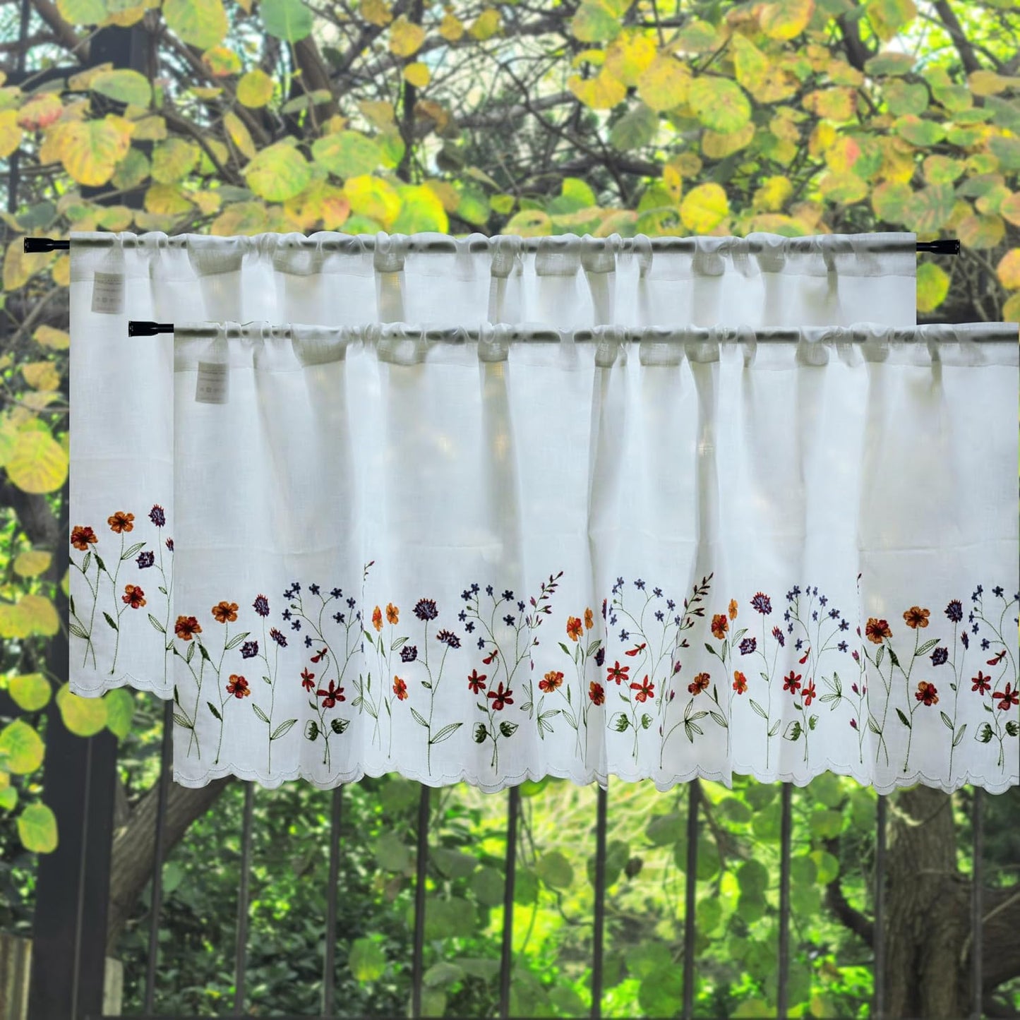 027 2 Pack Floral Embroidery Pastoral Style Valance, White Sheer Flowers Valances,Window Treatment for Kitchen,W60XL18 inch (Wild Flower)