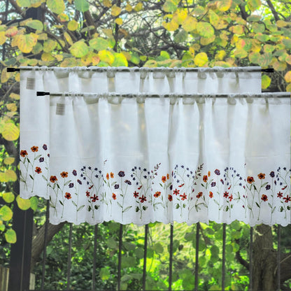 027 2 Pack Floral Embroidery Pastoral Style Valance, White Sheer Flowers Valances,Window Treatment for Kitchen,W60XL18 inch (Wild Flower)
