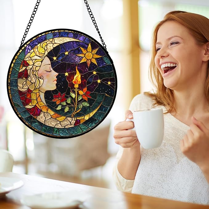 DASTOLL Stained Glass Window Hanging, Moon Goddess Torch Suncatcher Diamond - Image 4