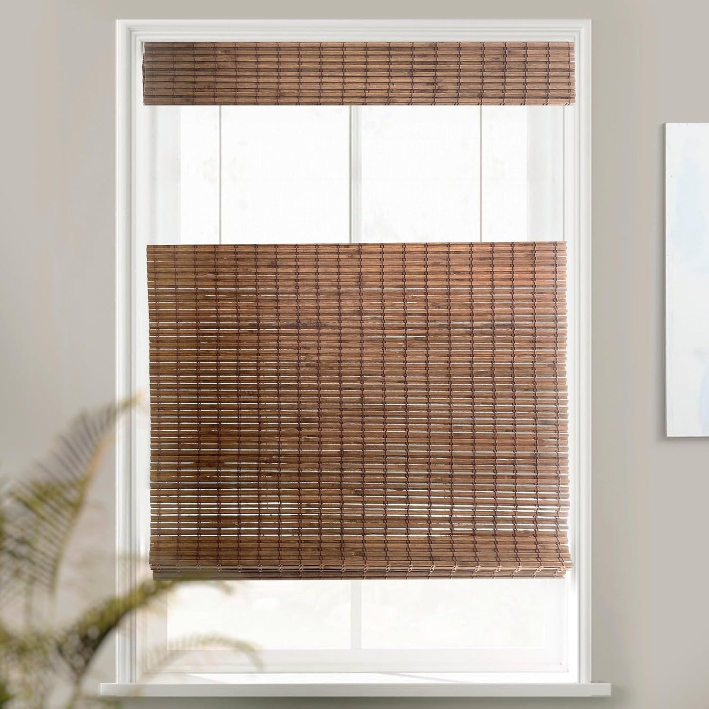 MOOD Custom Bamboo Shades | Rustic | Top Down Bottom Up Cordless | Bamboo Roman Shades for Windows and Doors (Natural Woven) | Rustic Walnut (Great Privacy) | 21" W x 48" H