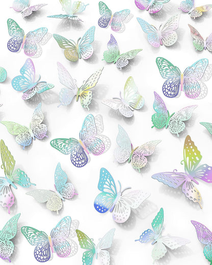 72Pcs 3D Butterfly Wall Decor, Laser Butterfly Decorations, 4 Styles 3 Sizes Removable Butterflies Room Decor Butterflies Wall Stickers for Birthday Party Garden Tea Cake Flower Decorations