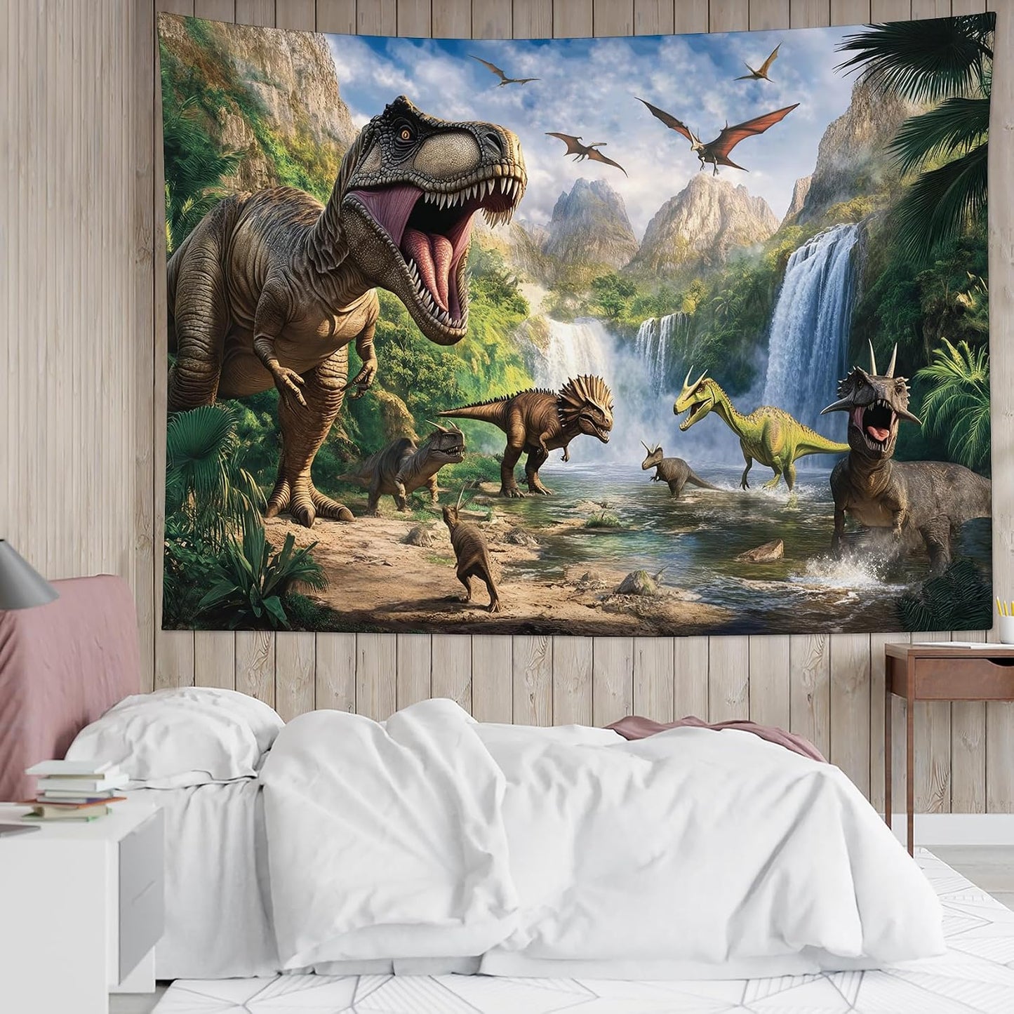 HVEST Dinosaur Tapestry Wall Hanging Wild Animal Dinosaur in Green Forest Wall Art Mountain Waterfall Nature Landscape Tapestry for Bedroom Living Room Teen Dorm Party Wall Decor, 40L X 60W inches