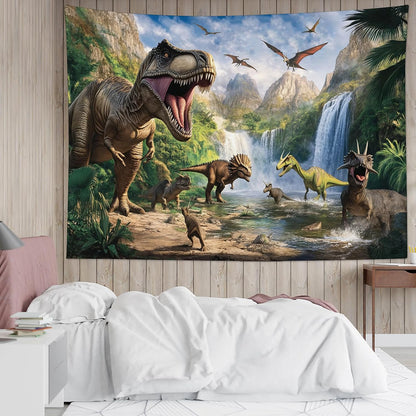 HVEST Dinosaur Tapestry Wall Hanging Wild Animal Dinosaur in Green Forest Wall Art Mountain Waterfall Nature Landscape Tapestry for Bedroom Living Room Teen Dorm Party Wall Decor, 40L X 60W inches
