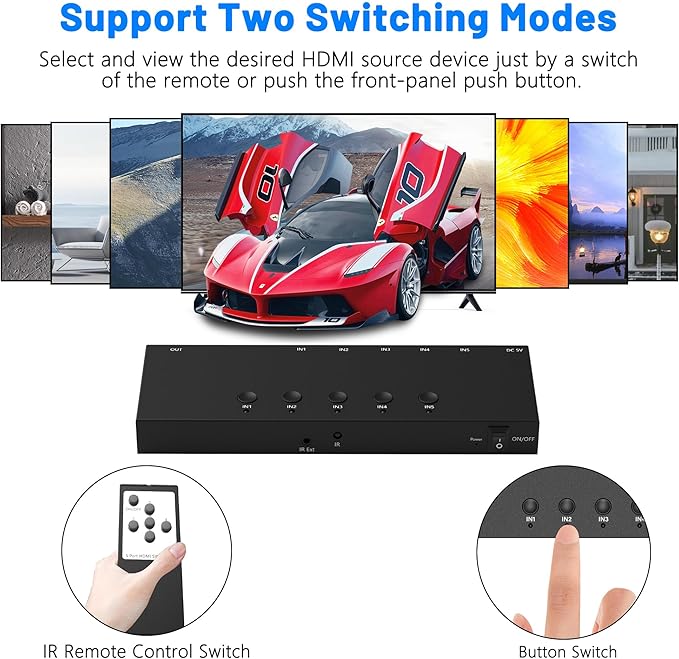4K@60Hz 5 in 1 Out HDMI Switch, 5 Port HDMI Switcher Selector Support HDR10 & - Image 3