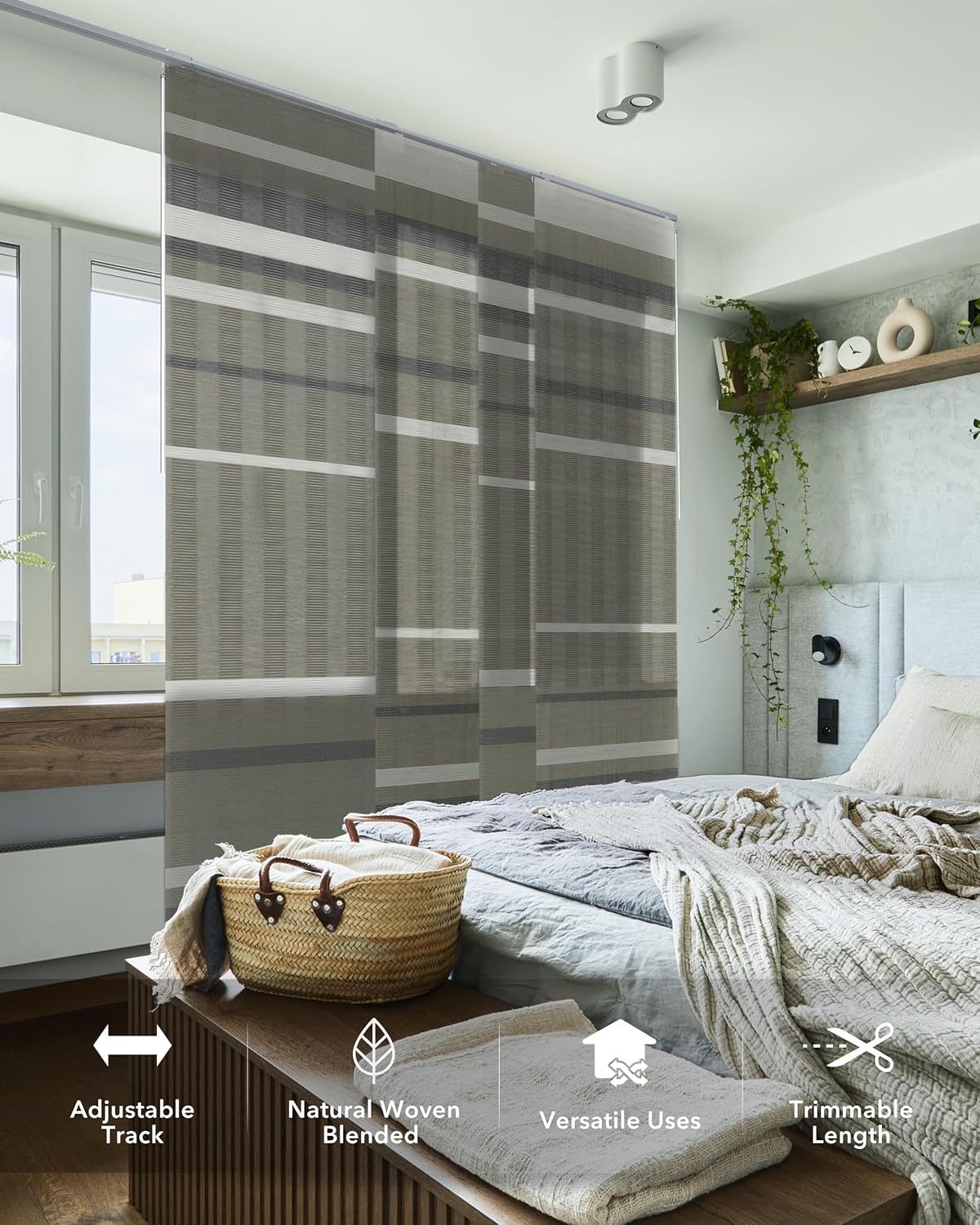 Panel Blinds Woven 45.8"-86" x 96", Dusty Miller | Natural Woven Panel Track Blinds for Sliding Glass Doors with Extendable Track and Trimmable Fabric Panels