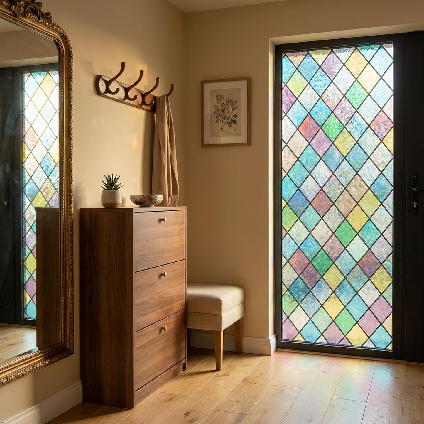 Stained Glass Window Film, Colorful Geometric Diamond, 17.5"x 78.7" | Blocks Clear View, Casts Soft Rainbow Light | Static Cling, No Glue, Residue-Free | UV Blocking, Reusable | For Home & Office