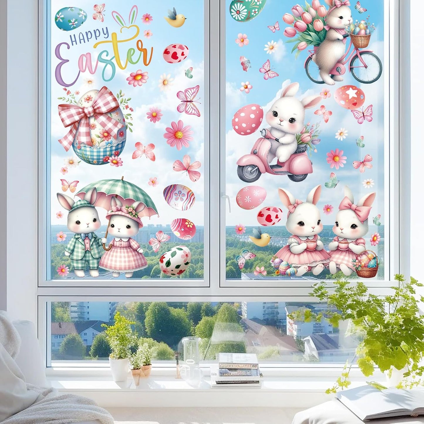 Summer Window Clings,Pink Large Easter Painting Bunnies Stickers,Spring Tulips Reusable Holiday Window Sticker for Kids,Wall Decals Decorations for Home School Office Nursery Shop,9 Sheets