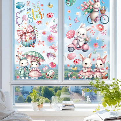 Summer Window Clings,Pink Large Easter Painting Bunnies Stickers,Spring Tulips Reusable Holiday Window Sticker for Kids,Wall Decals Decorations for Home School Office Nursery Shop,9 Sheets