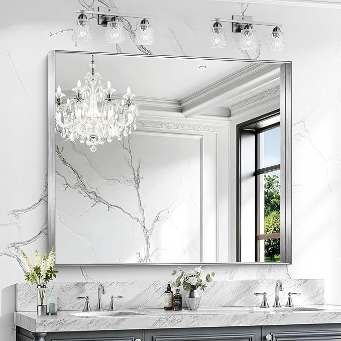 CIRCUMI Silver Bathroom Mirror, Brushed Finish, Tempered Glass, Large Mirror by CIRCUMIMirror