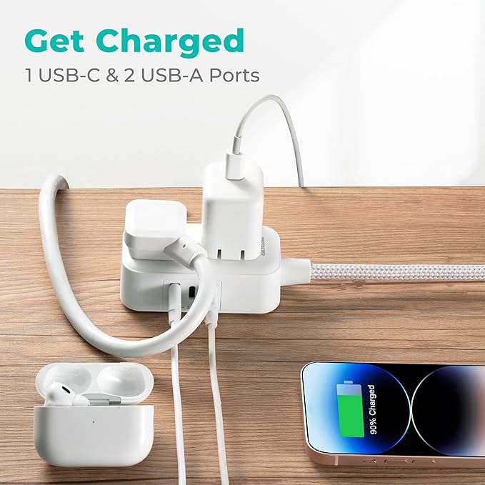 KMC 2-Outlet Mini Surge Protector Power Strip, 1 USB-C & 2 USB-A Ports - Image 6