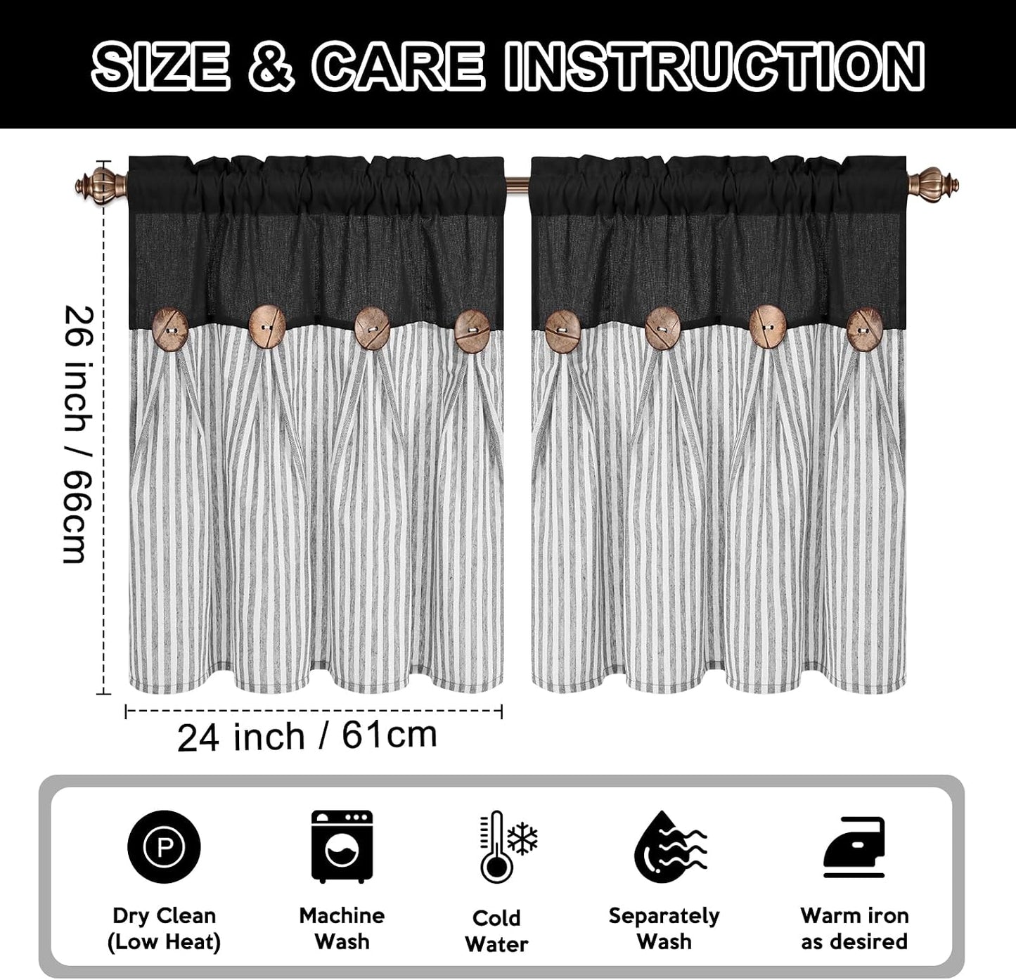 BLEUM CADE Farmhouse Kitchen Curtains 24 Inch, Cotton Linen Cafe Curtains with Rustic Buttons, Boho Small Window Curtains for Bathroom, Black with Grey Stripe Half Window Drapes Over Sink, 2 Panels
