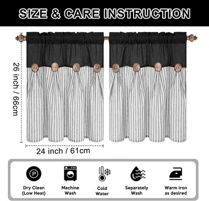BLEUM CADE Farmhouse Kitchen Curtains 24 Inch, Cotton Linen Cafe Curtains with Rustic Buttons, Boho Small Window Curtains for Bathroom, Black with Grey Stripe Half Window Drapes Over Sink, 2 Panels