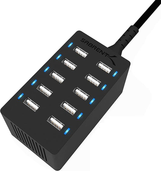 Sabrent 60 Watt 10-Port Family-Sized Desktop USB Rapid Charger. Smart USB Ports by SABRENT