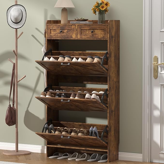 Shoe Cabinet with 3 Flip Drawers & 2 Storage Drawers, Rustic Farmhouse Narrow - Image 3