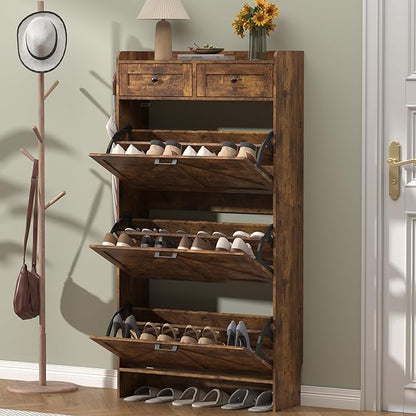 Shoe Cabinet with 3 Flip Drawers & 2 Storage Drawers, Rustic Farmhouse Narrow - Image 3