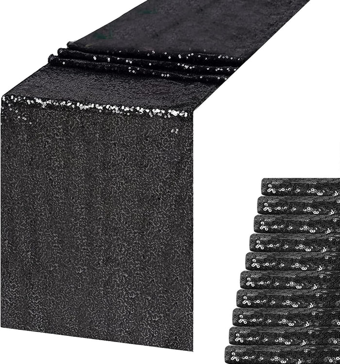 Sequin Table Runner, Black, 12x108 inch, 10 Pack for Halloween