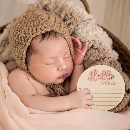 Baby Announcement Sign, Wooden Hello World Newborn Signs Birth Name Sign | 5.9in Welcome Name Plaques for Newborn Boys and Girls Photo Props Baby Shower Hospital Nursery (Light Pink)