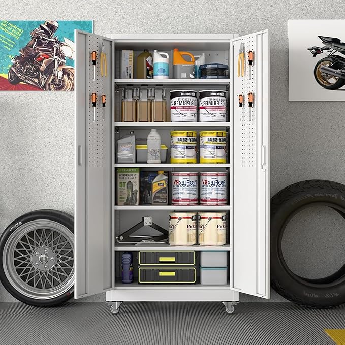 Garage Storage Cabinet with Wheels and Pegboard, Metal Storage Cabinet with 5 - Image 2