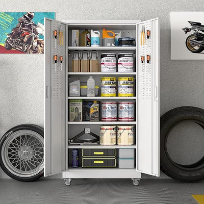 Garage Storage Cabinet with Wheels and Pegboard, Metal Storage Cabinet with 5 - Image 2