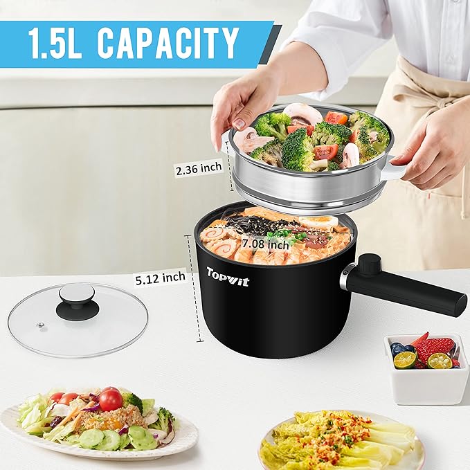 Topwit Hot Pot Electric with Steamer, 1.5L Ramen Cooker, Non-Stick Sauté Pan - Image 3