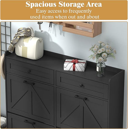 Shoe Cabinet with 4 Flip Drawers & 2 Storage Drawers, Rustic Farmhouse Narrow - Image 4