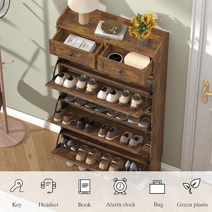 Shoe Cabinet with 3 Flip Drawers & 2 Storage Drawers, Rustic Farmhouse Narrow - Image 5