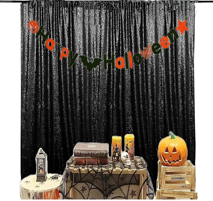 JYFLZQ Black Sequin Backdrop Curtains 8ft x 8ft 1 Panel Halloween Backdrop Gl...