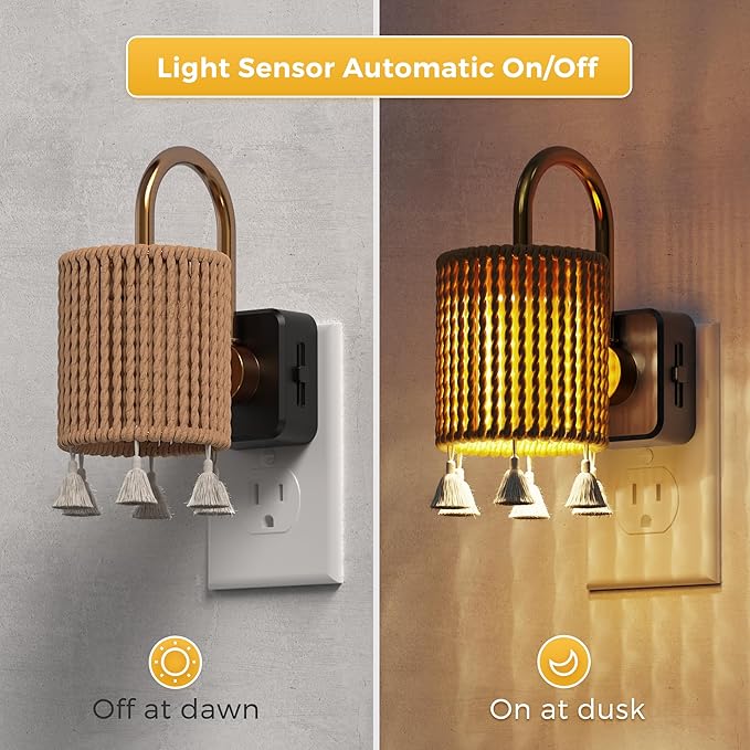 L LOHAS LED Night Lights Plug into Wall, 2 Pack Boho Fabric Cylinder Night Light - Image 2