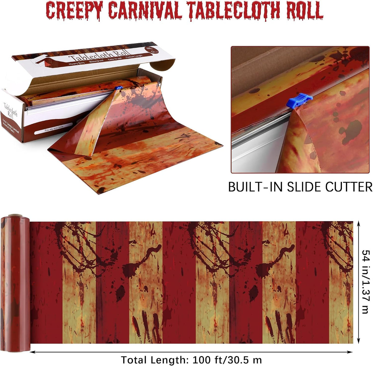 Kochorie 100 Ft x 54 Inch Creepy Carnival Tablecloth Roll with Cutter Box Pla...