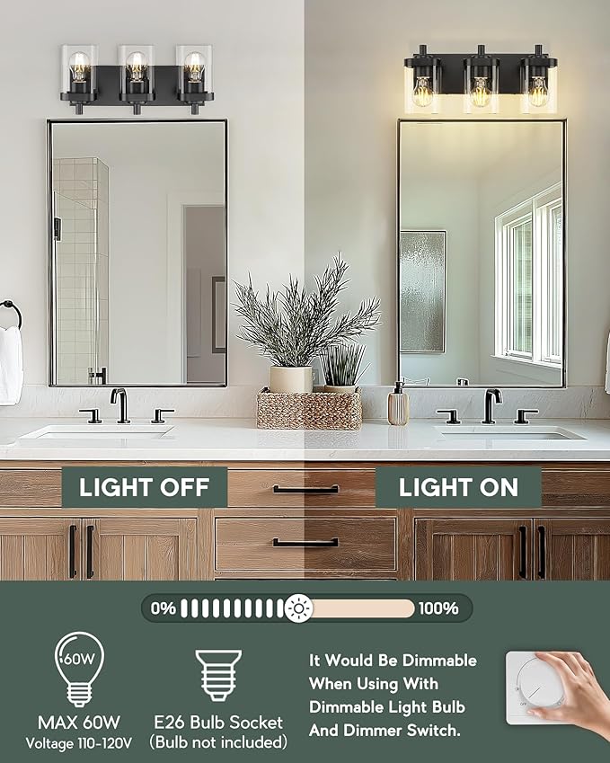 METWET Bathroom Light Fixtures Over Mirror, 3-Light Matte Black Vanity Light - Image 6