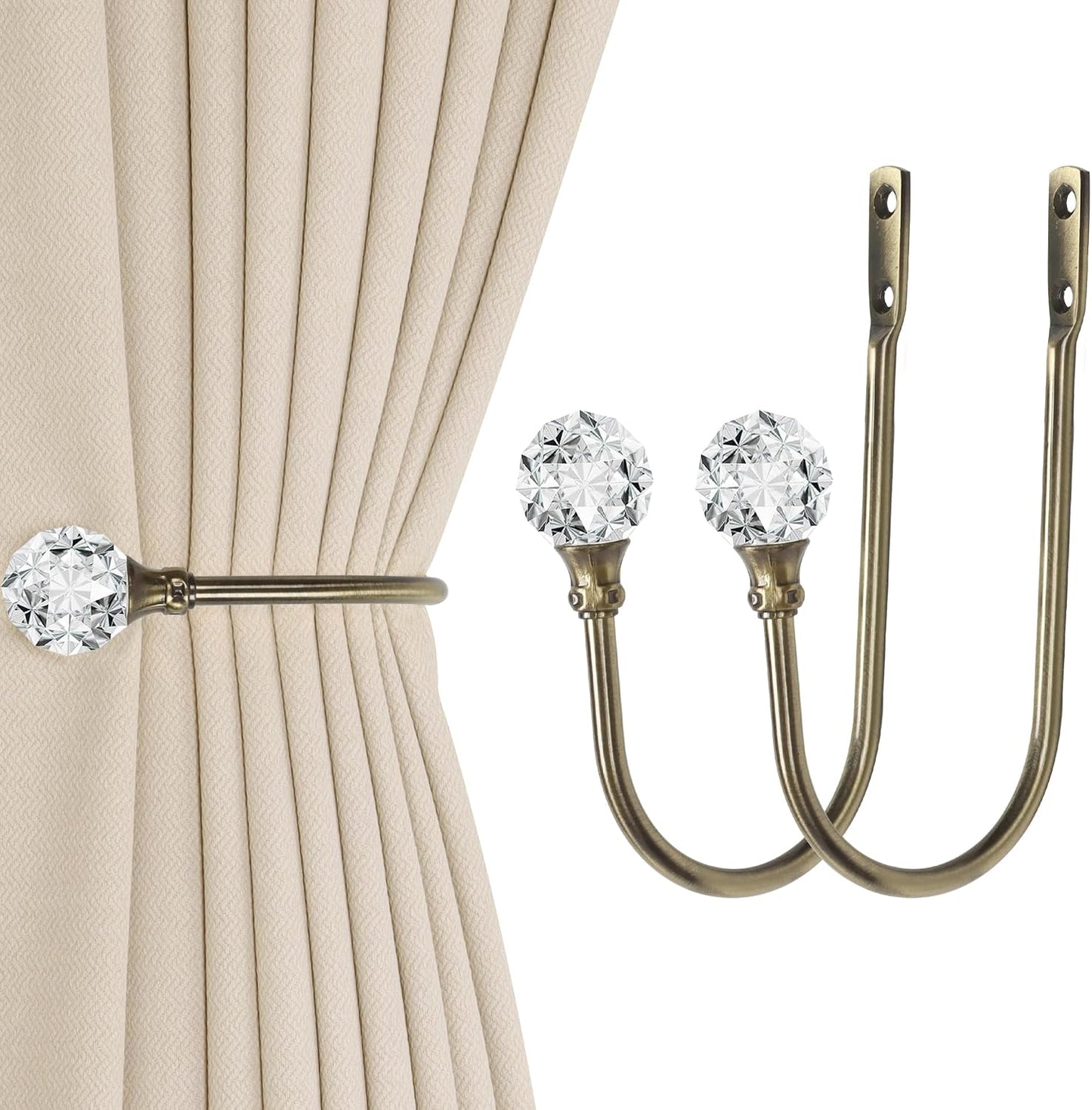 Groleca U Shaped Metal Curtain Holdbacks, Curtain Tiebacks, Antique Brass | Heavy Duty, Curtain Hook with Clear Crystal Ball, Curtain Holders, Stainless Steel, Pull backs for Drapery & Window Decor