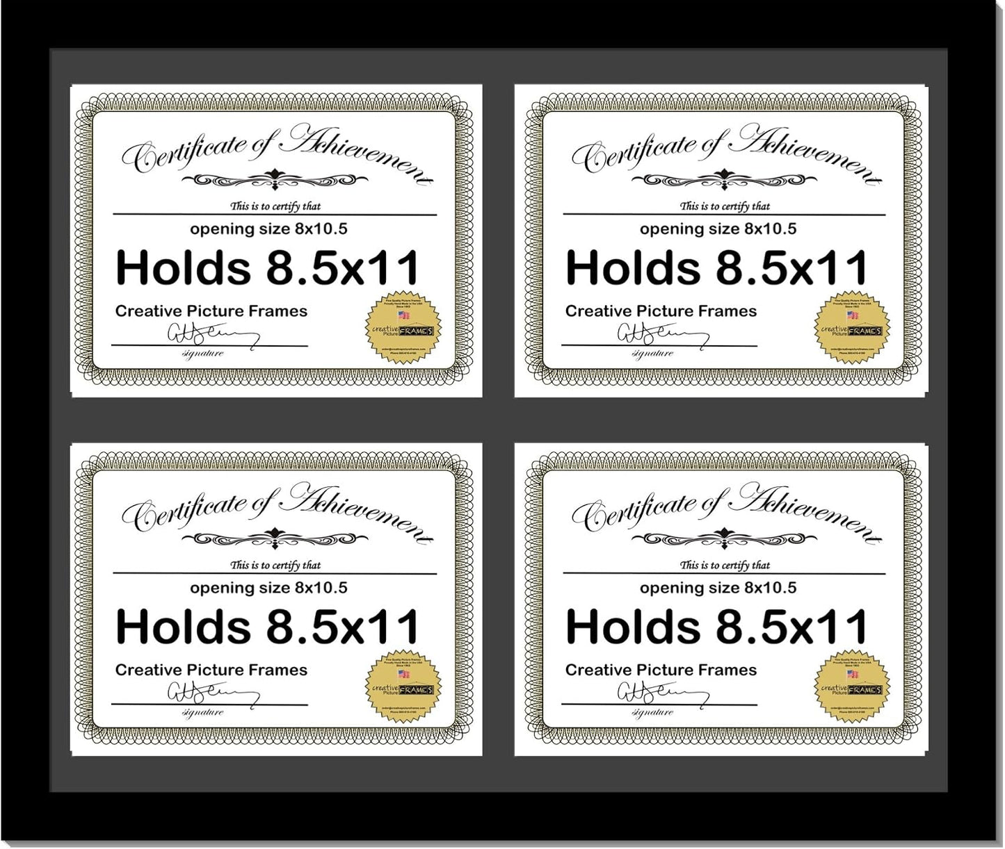 8511-20X24Bk-B Black Horizontal 8.5X11 Diploma Frame With 4 Opening Black Mat, Holds 4 8.5X11 Inch Documents With Wall Hanger