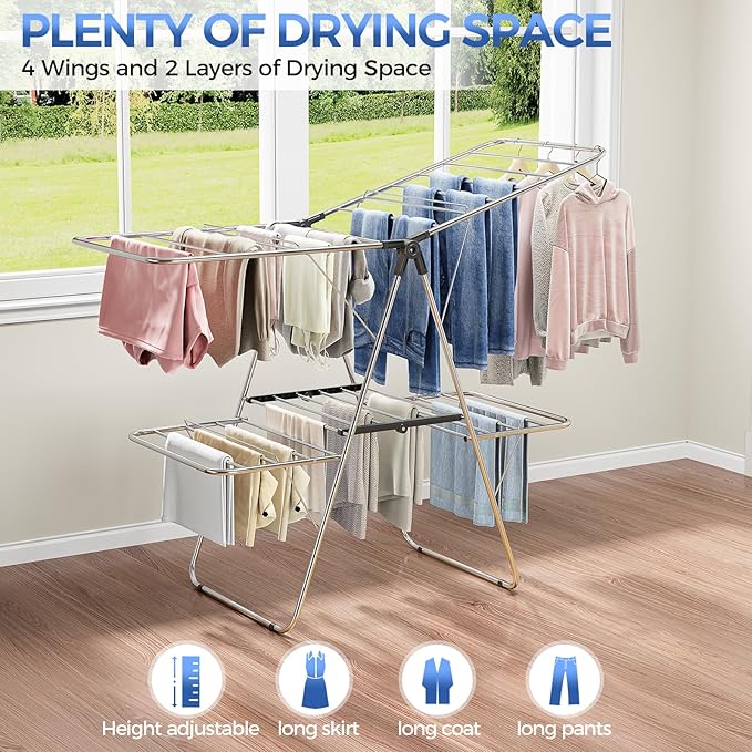 APEXCHASER Clothes Drying Rack, Foldable 2-Level Drying Rack Clothing, - Image 4