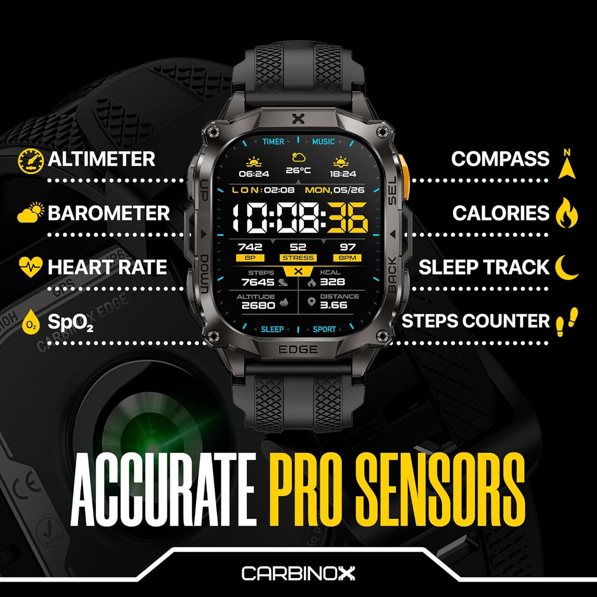 carbinox edge military smart watch for men, fitness on a desk or shelf