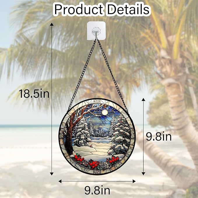 DASTOLL Stained Glass Window Hanging Christmas Tree Winter Snow Night Scenery - Image 5