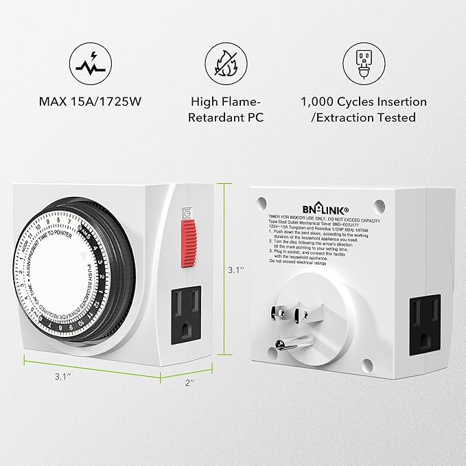 BN-LINK Heavy Duty Mechanical 24 Hour Timer Dual Outlet 3-Prong Accurate Indoor - Image 6