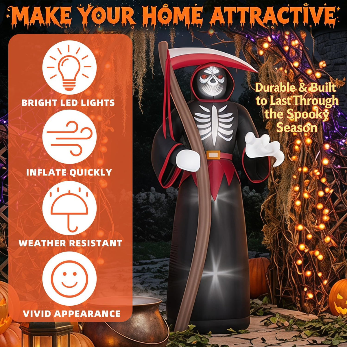 8FT Halloween Inflatables Outdoor, Giant Grim Reaper Blow Up Yard Decor