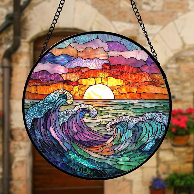DASTOLL Stained Glass Window Hanging, Clouds and Sea Waves Suncatcher Diamond - Image 2