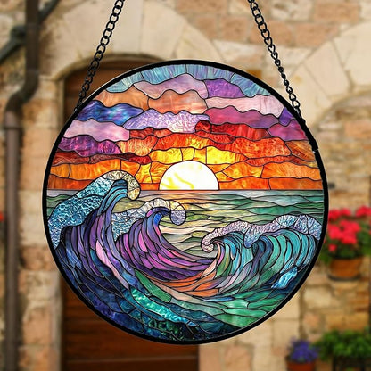 DASTOLL Stained Glass Window Hanging, Clouds and Sea Waves Suncatcher Diamond - Image 2