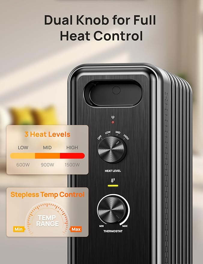 DREO Radiator Heater, Dual Knobs, 8 Safety Protection, 1500W Electric Space - Image 4