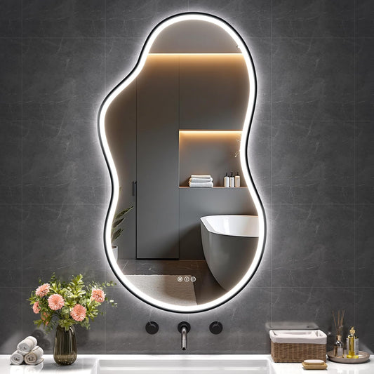 Hasipu Irregular Bathroom Mirror with Lights - 25"x45" LED Asymmetrical Wall Mirror, Abstract Modern Lighted Vanity Mirror for Wall, Anit-Fog, Dimmable, Memory, Vertical/Horizontal (Black | Asymmetrical Metal Framed, Anti-Fog, LED 3 Color Dimmable