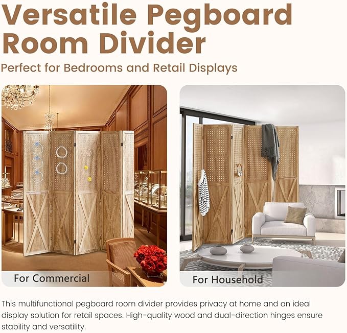 ALeesing 6 Panel Pegboard Room Divider, 5.6Ft Pegboard Display Folding Privacy - Image 4