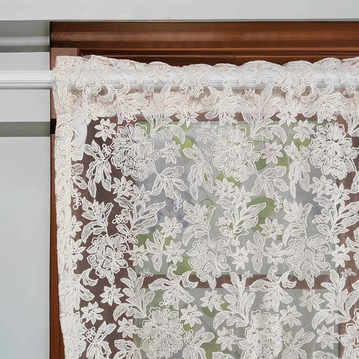 Floral Tie Up Curtains for Window, Adjustable Lace Balloon Shade | Crochet Lace Trim, Rod Pocket Light Filtering Sheer Curtain Panel for Kitchen Cafe Bathroom,1 Panel (Beige, W39 L39 inch)