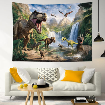 HVEST Dinosaur Tapestry Wall Hanging Wild Animal Dinosaur in Green Forest Wall Art Mountain Waterfall Nature Landscape Tapestry for Bedroom Living Room Teen Dorm Party Wall Decor, 40L X 60W inches